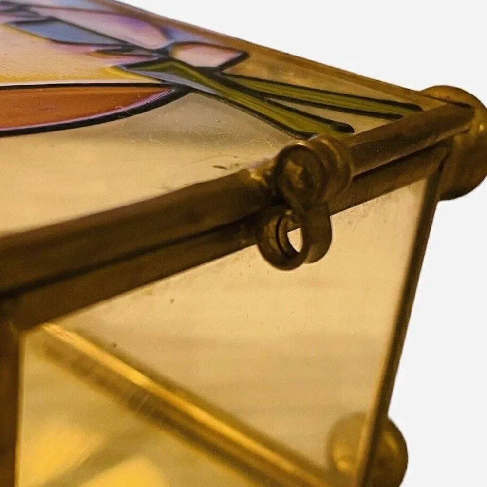 Vintage 1970s Interpur Owl Stained Glass Jewelry Trinket Box Mirrored MCM Taiwan
